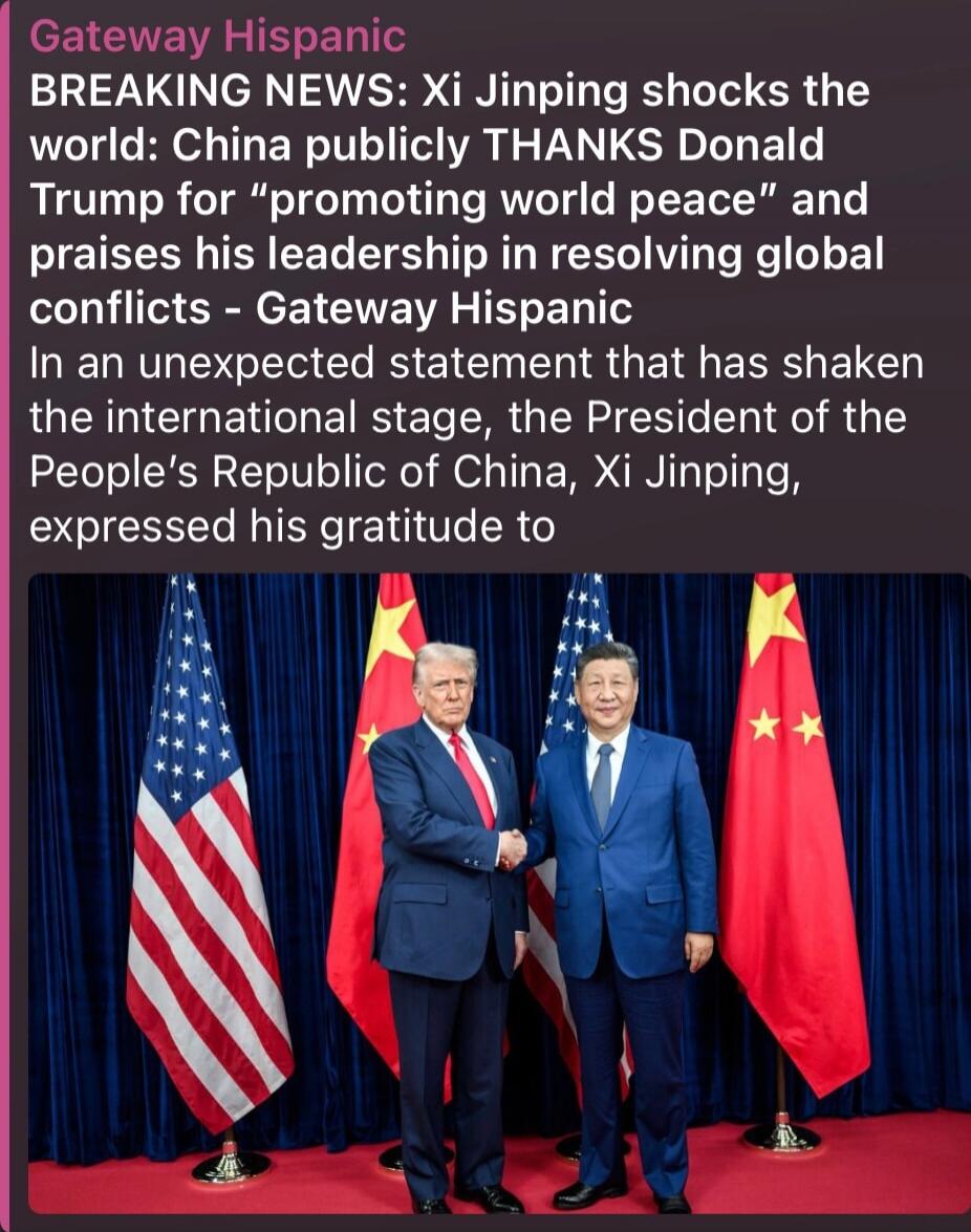 Gateway Hispanic
BREAKING NEWS: Xi Jinping shocks the world: China publicly THANKS Donald Trump for “promoting world peace” and praises his leadership in resolving global conflicts - Gateway Hispanic
In an unexpected statement that has shaken the international stage, the President of the People's Republic of China, Xi Jinping, expressed his gratitu
