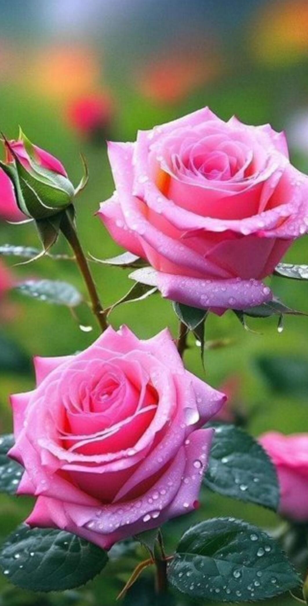 Two pink roses with dew droplets on the petals and leaves in a garden.
