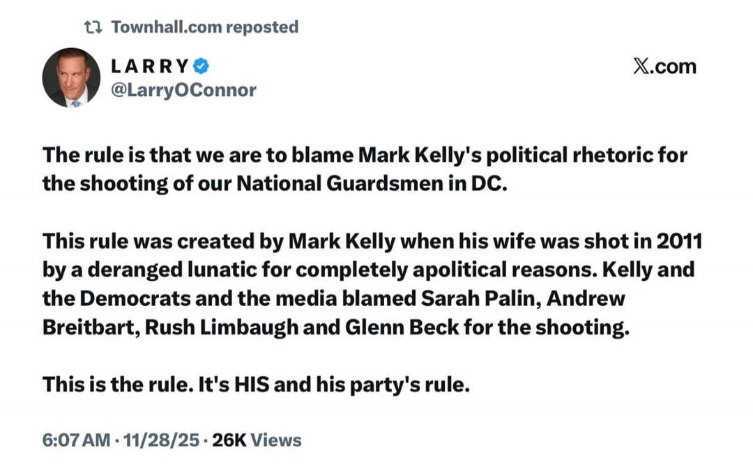 The rule is that we are to blame Mark Kelly's political rhetoric for the shooting of our National Guardsmen in DC.

This rule was created by Mark Kelly when his wife was shot in 2011 by a deranged lunatic for completely apolitical reasons. Kelly and the Democrats and the media blamed Sarah Palin, Andrew Breitbart, Rush Limbaugh and Glenn Beck for t