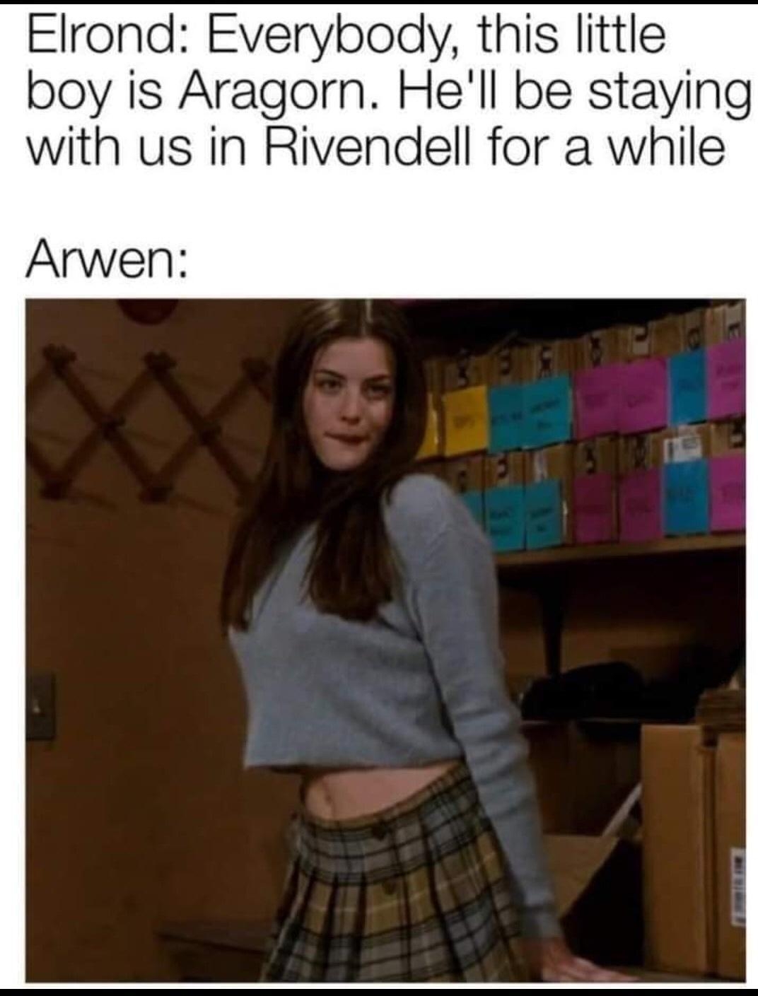 Elrond Everybody this little boy is Aragorn Hell be staying with us in Rivendell for a while Arwen