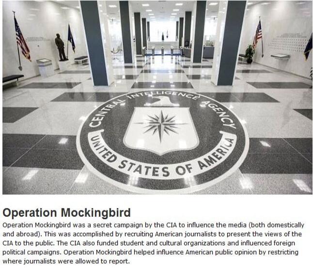 Operation Mockingbird was a secret campaign by the CIA to influence the media (both domestically and abroad). This was accomplished by recruiting American journalists to present the news of the CIA to the public. The CIA also funded student and cultural organizations and influenced foreign political campaigns. Operation Mockingbird helped influence
