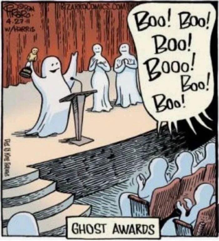 Boo! Boo! Boo! Booo! Boo! Boo! Ghost Awards. A ghost on stage is holding a trophy, while other ghosts in the audience are booing.