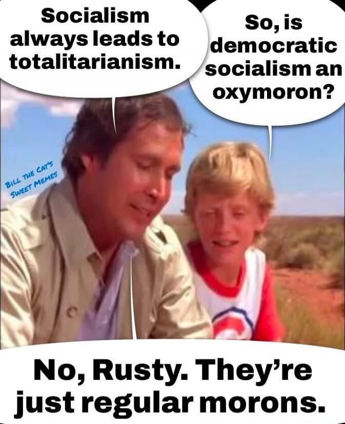 Socialism always leads to totalitarianism. So, is democratic socialism an oxymoron? No, Rusty. They're just regular morons. BILL THE CAT'S SWEET MEMES