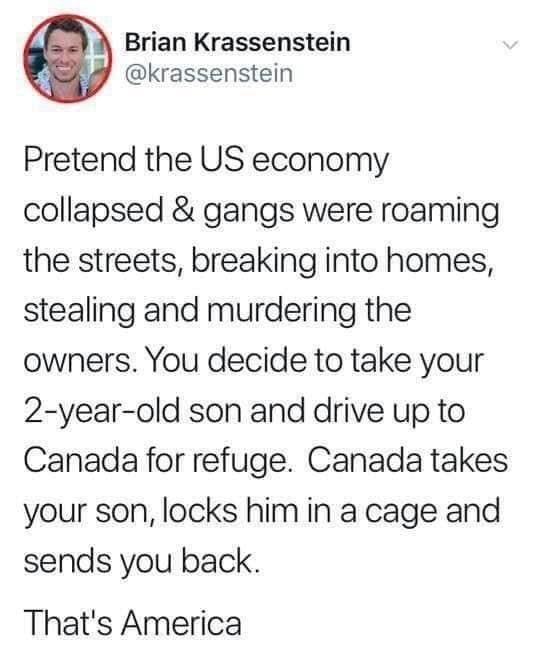Brian Krassenstein krassenstein Pretend the US economy collapsed gangs were roaming the streets breaking into homes stealing and murdering the owners You decide to take your 2 year old son and drive up to Canada for refuge Canada takes your son locks him in a cage and sends you back Thats America
