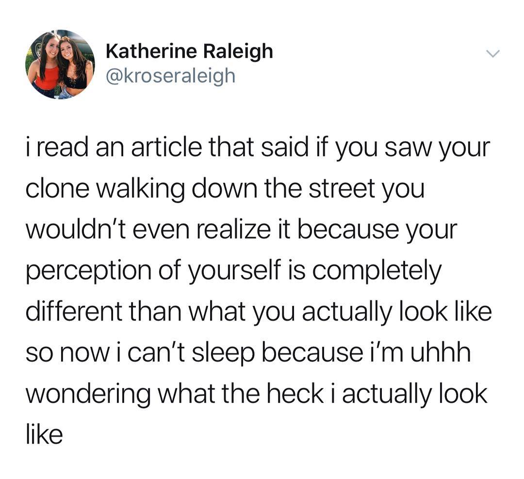 Katherine Raleigh kroseraleigh i read an article that said if you saw your clone walking down the street you wouldnt even realize it because your perception of yourself is completely different than what you actually look like so now i cant sleep because im uhhh wondering what the heck i actually look like