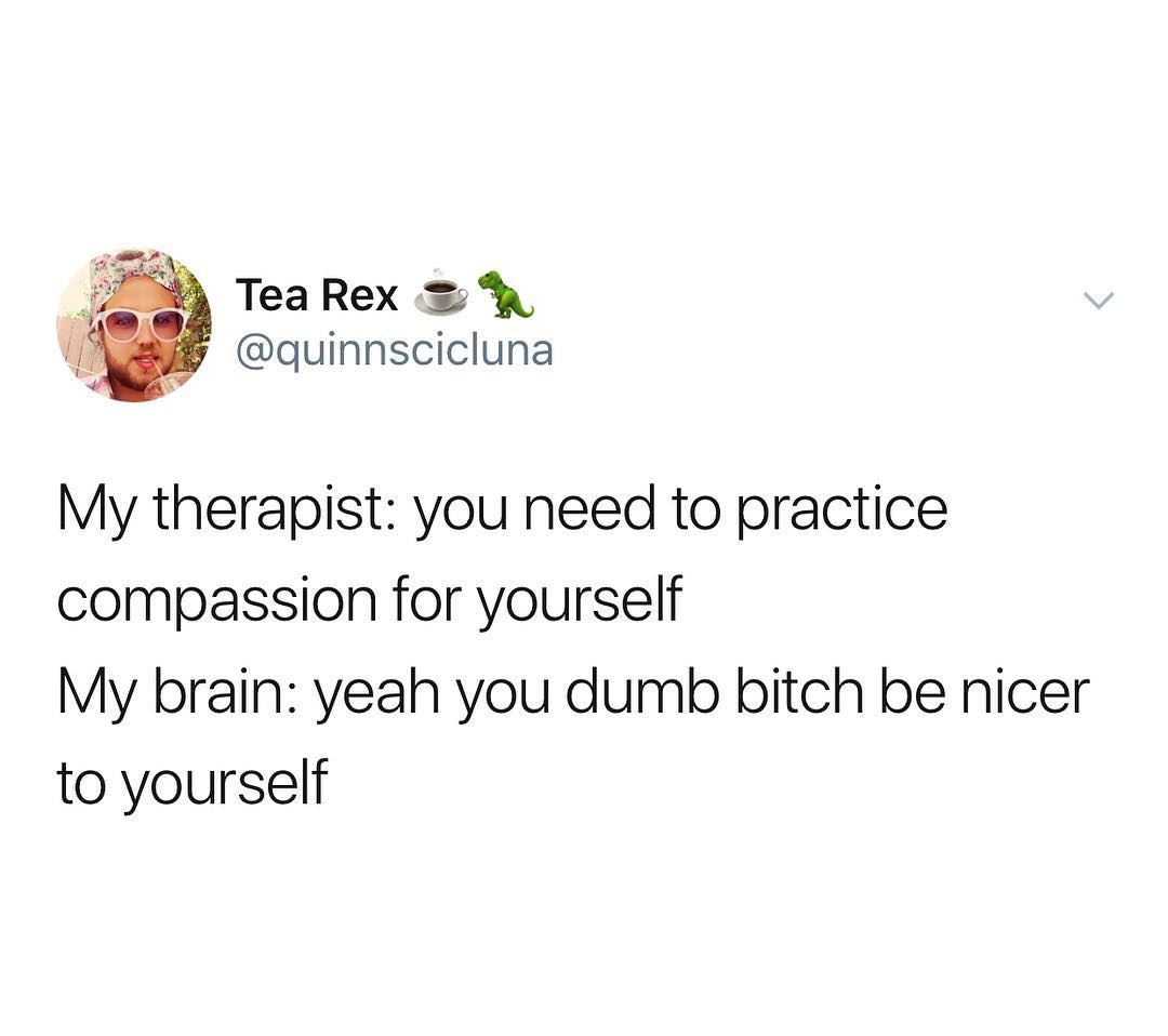 TeaRex quinnscicluna My therapist you need to practice compassion for yourself My brain yeah you dumb bitch be nicer to yourself