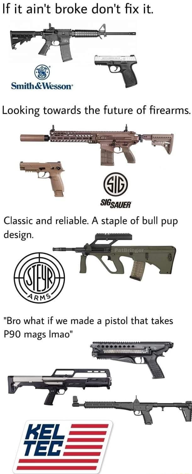 If it aint broke dont fix it WE TR Looking towards the future of firearms N Slespuer Classic and reliable A staple of bull pup design b Bro what if we made a pistol that takes P90 mags Imao