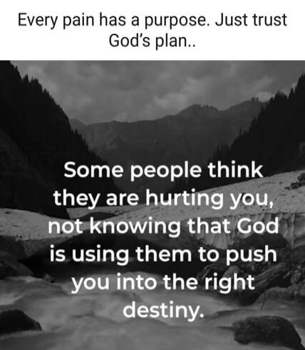 Every pain has a purpose. Just trust God's plan..
Some people think they are hurting you, not knowing that God is using them to push you into the right destiny.