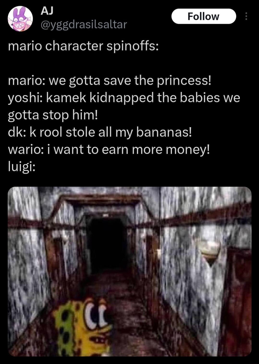 Y Fol yggdrasilsaltar mario character spinoffs mario we gotta save the princess yoshi kamek kidnapped the babies we gotta stop him dk k rool stole all my bananas wario i want to earn more money luigi