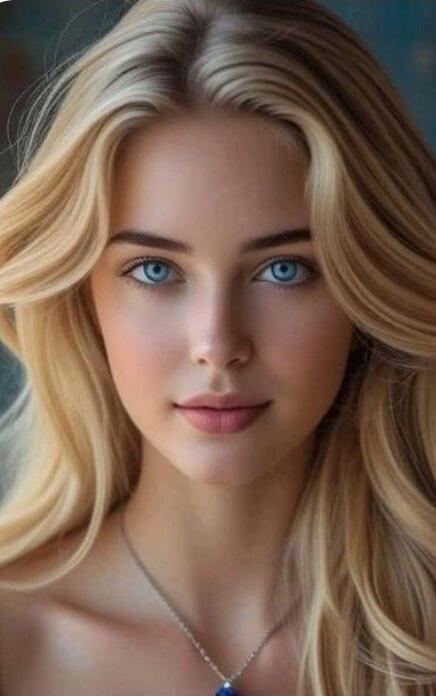 Portrait of a young woman with blonde hair and blue eyes.