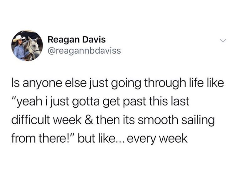 Reagan Davis reagannbdaviss Is anyone else just going through life like yeah ijust gotta get past this last difficult week then its smooth sailing from there but like every week