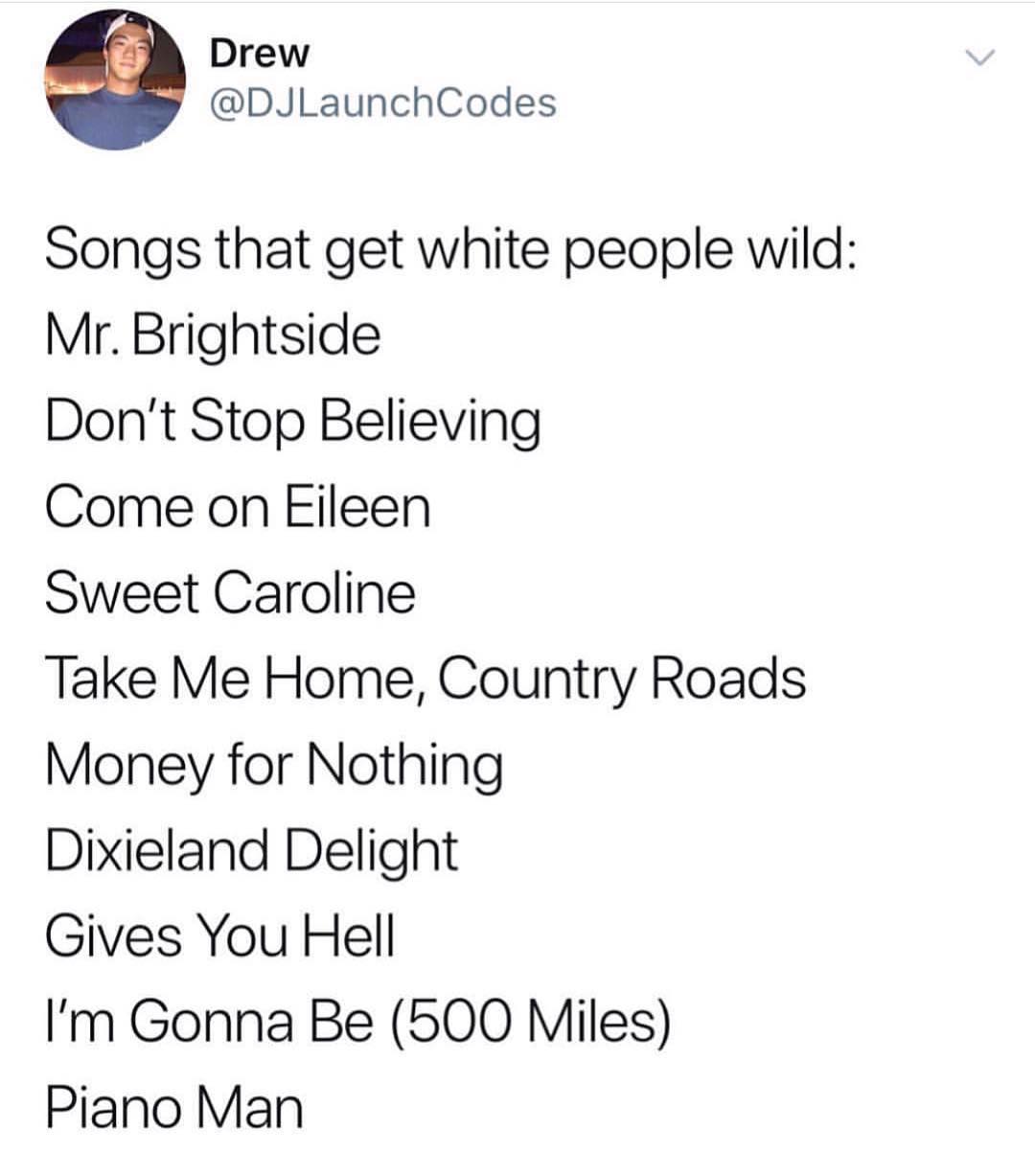 Drew DJLaunchCodes Songs that get white people wild Mr Brightside Dont Stop Believing Come on Eileen Sweet Caroline Take Me Home Country Roads Money for Nothing Dixieland Delight Gives You Hell Im Gonna Be 500 Miles Piano Man