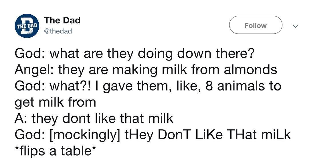 o Follow v thedad God what are they doing down there Angel they are making milk from almonds God what gave them like 8 animals to get milk from A they dont like that milk God mockingly tHey DonT LiKe THat miLk flips a table