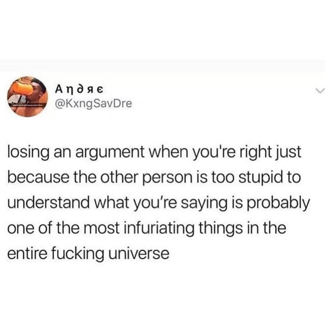 Andsae KxngSavDre losing an argument when youre right just because the other person is too stupid to understand what youre saying is probably one of the most infuriating things in the entire fucking universe