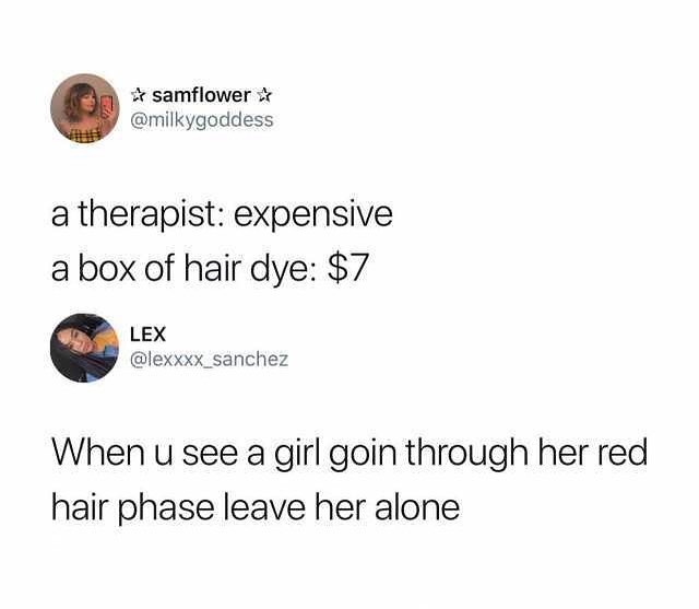 samflower 2 milkygoddess a therapist expensive a box of hair dye 7 LEX lexxxx_sanchez When u see a girl goin through her red hair phase leave her alone