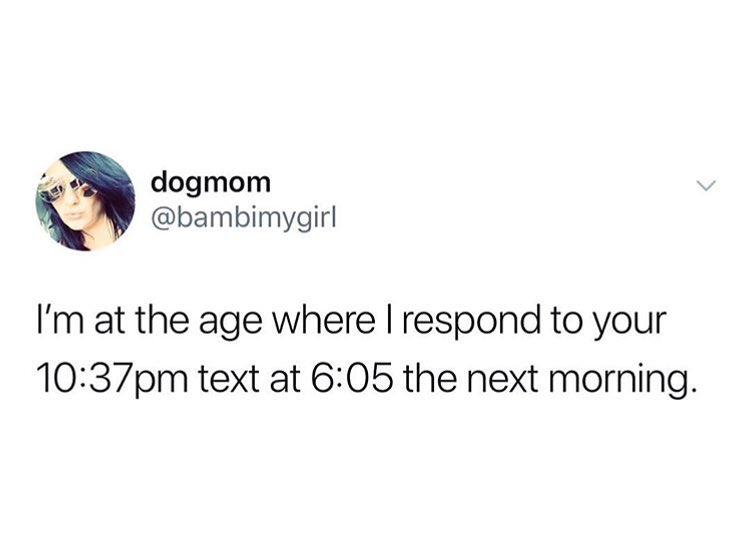 Z dogmom bambimygirl Im at the age where respond to your 1037pm text at 605 the next morning