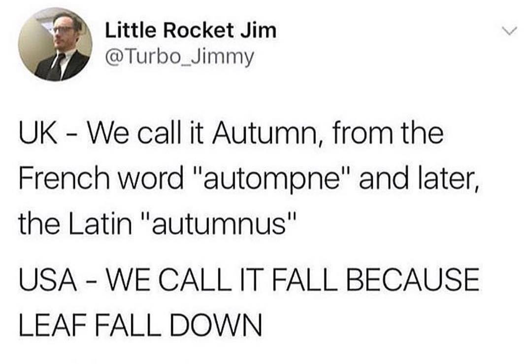 i Little Rocket Jim Turbo_Jimmy UK We call it Autumn from the French word autompne and later the Latin autumnus USA WE CALL IT FALL BECAUSE LEAF FALL DOWN