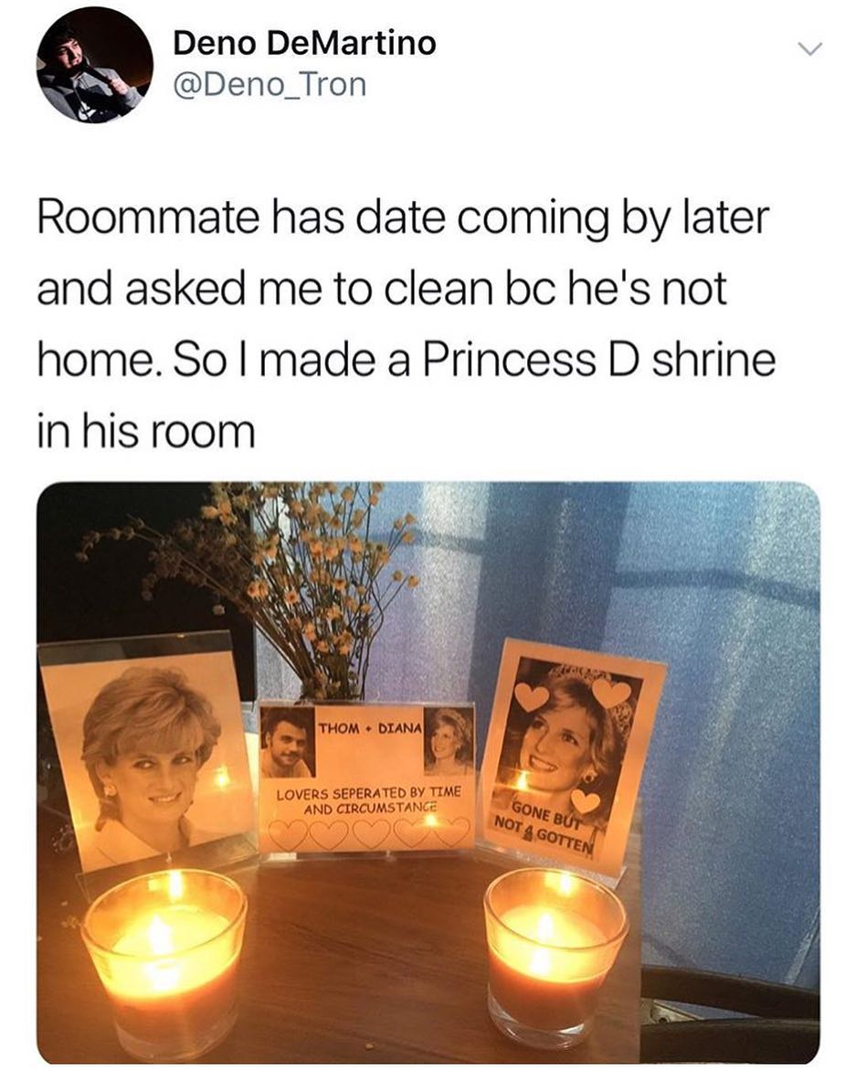 Deno DeMartino v Deno_Tron Roommate has date coming by later and asked me to clean bc hes not home So made a Princess D shrine in his room