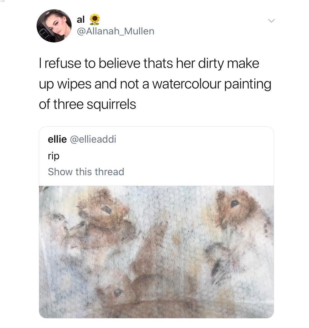 al v Allanah_Mullen refuse to believe thats her dirty make up wipes and not a watercolour painting of three squirrels ellie ellieaddi rip Show this thread