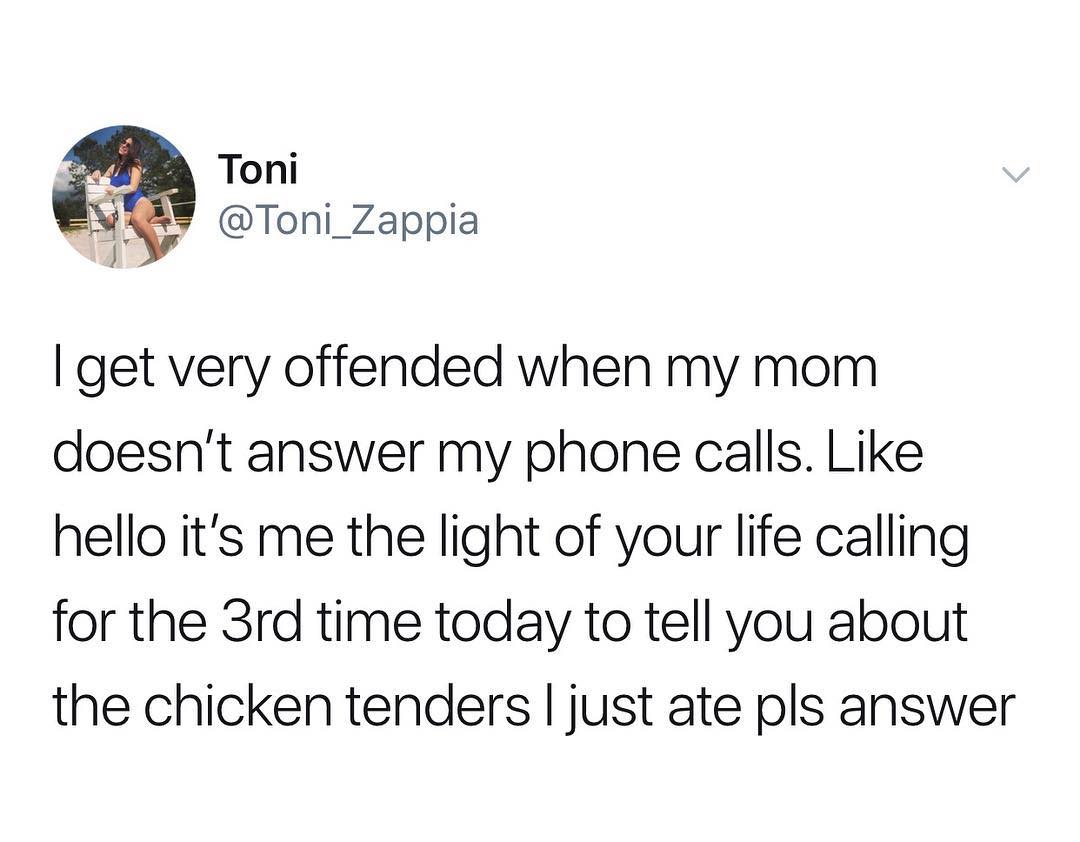 Toni Toni_Zappia J get very offended when my mom doesnt answer my phone calls Like hello its me the light of your life calling for the 3rd time today to tell you about the chicken tenders just ate pls answer