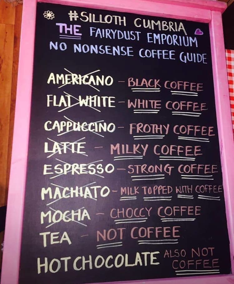 SILLOTH BRIA o THE FARYDUST EMPKJM O NONSENSE corpee GUIDE AMO BLACK CoF OFFEE FMTE WHITE COIFF_E CMO FROMY COFFEE TEA NOT COFFEE
