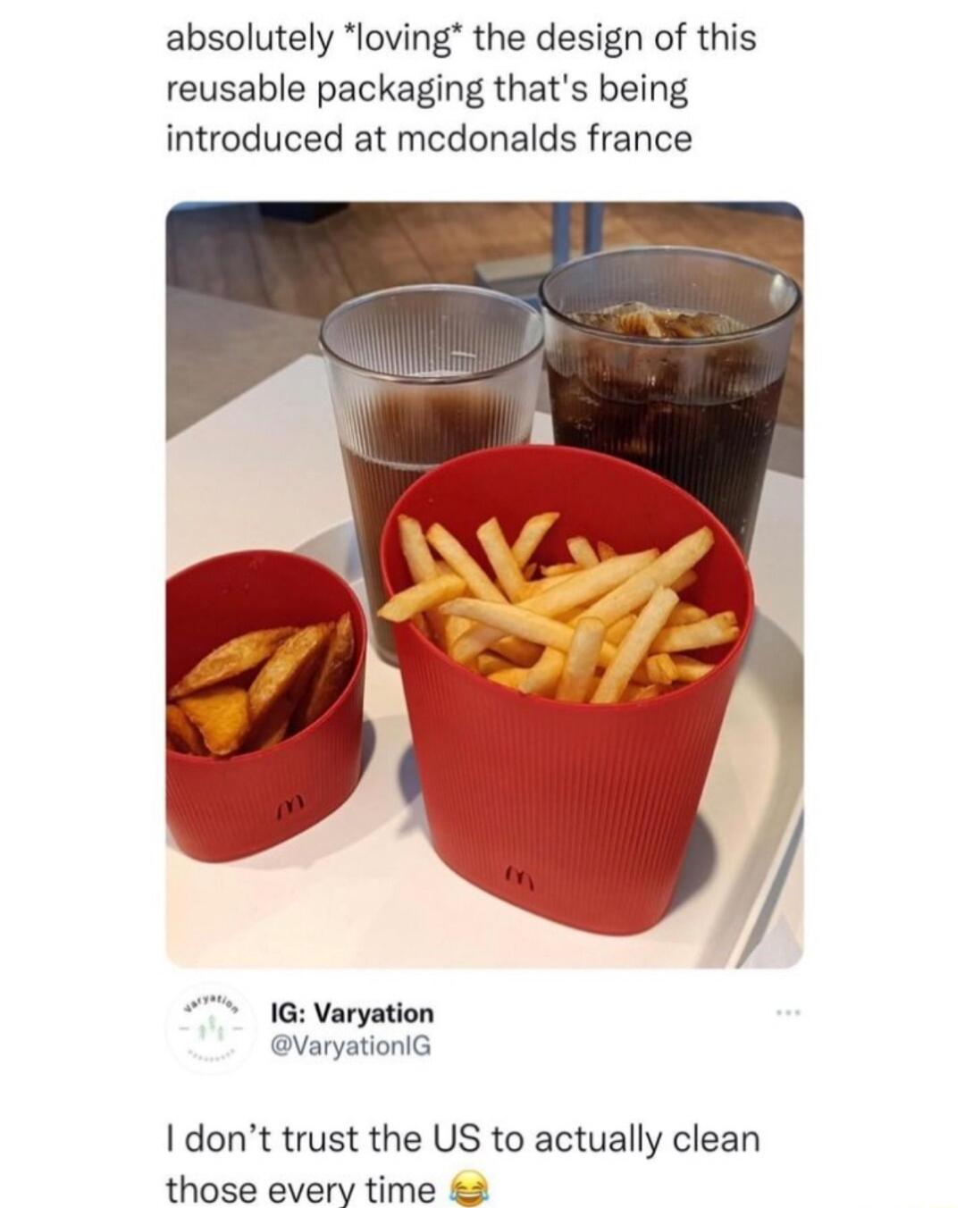 absolutely loving the design of this reusable packaging thats being introduced at mcdonalds france 1G Varyation VaryationlG I dont trust the US to actually clean those every time