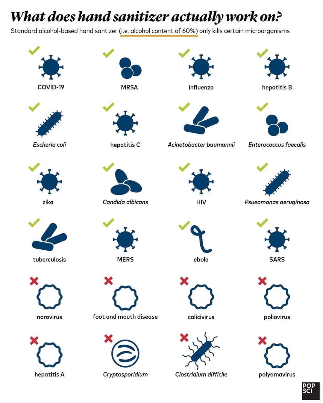 What does hand sanitizer actually work on Standard alcohol based hand santizer ie alcohol content of 60 only kills certain microorganisms v COVID 19 I Escheria coli zika tuberculosis norovirus hepatitis A v v v MRSA influenza hepatitis B v v v P hepatitis C v v Candida albicans Acinetobacter baumannii Enterococcus faecalis v Psueomonas aeruginosa T MERS ebola SARS O OX foot and mouth disease calic