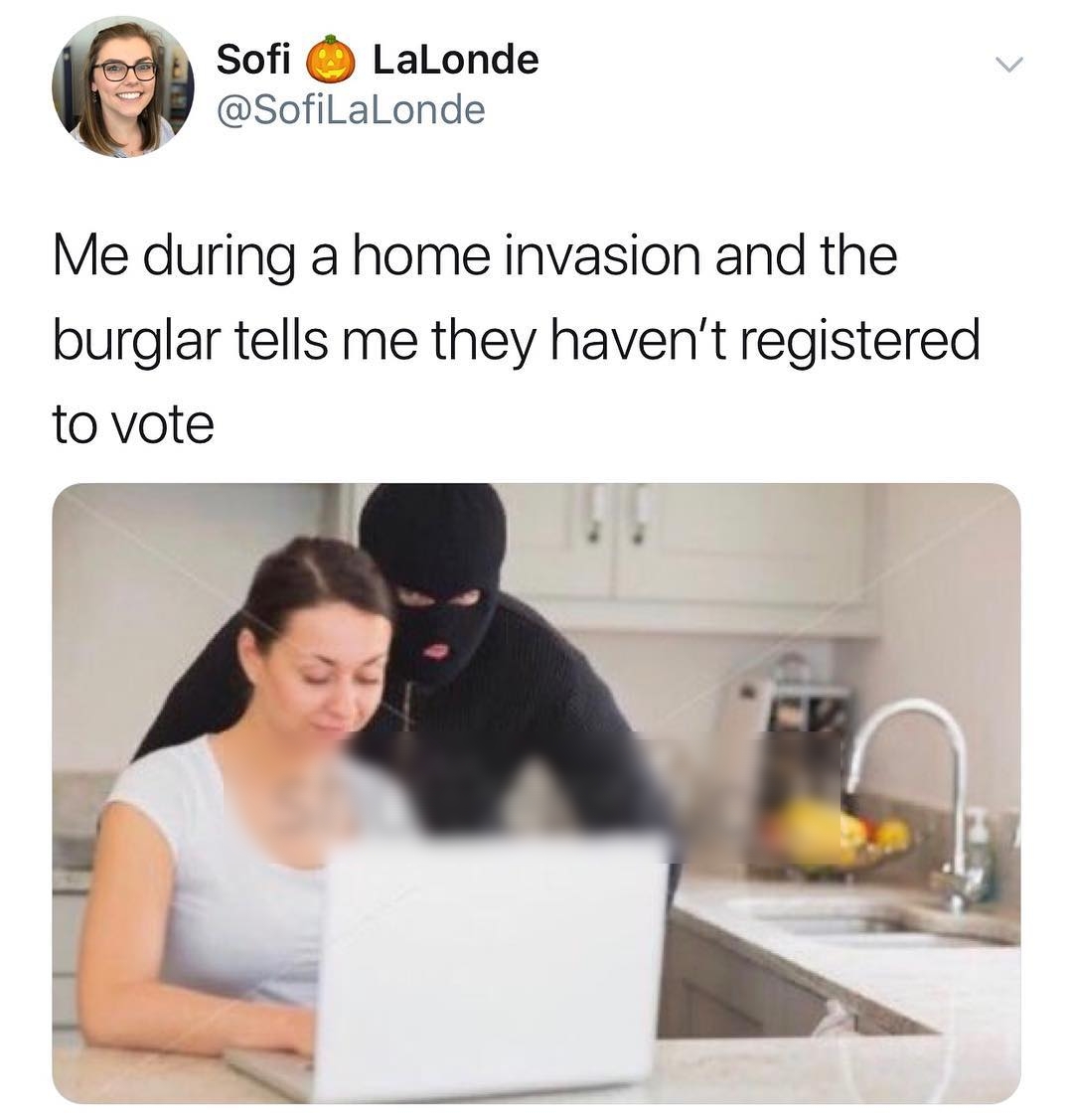 Sofi LaLonde SofiLalLonde Me during a home invasion and the burglar tells me they havent registered to vote
