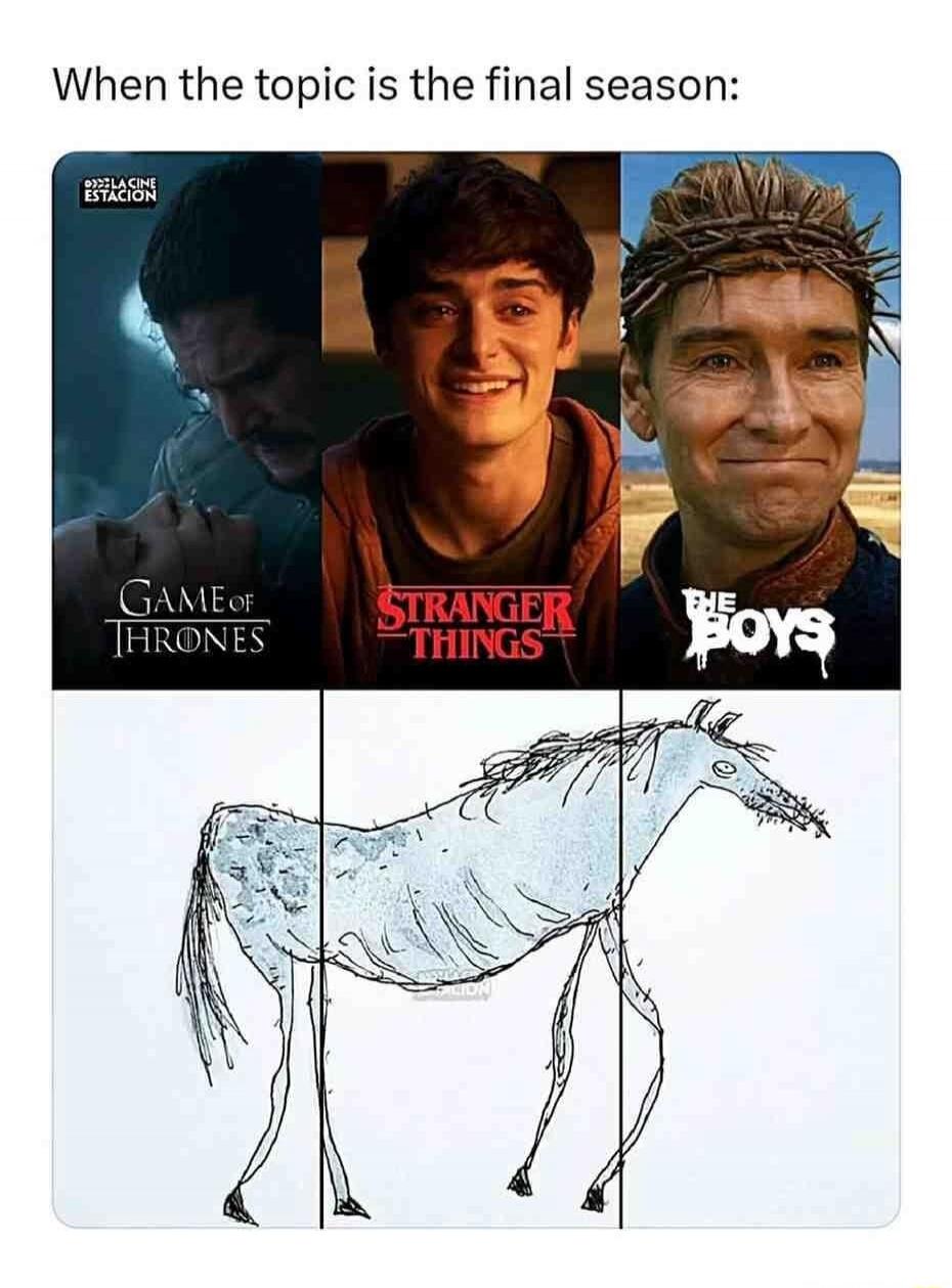 When the topic is the final season: Game of Thrones, Stranger Things, The Boys. The image shows a meme comparing the final seasons of these TV shows to a poorly drawn horse, where different parts are drawn in inconsistent styles, implying a decline in quality or coherence.