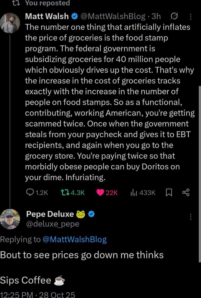 The number one thing that artificially inflates the price of groceries is the food stamp program. The federal government is subsidizing groceries for 40 million people which obviously drives up the cost. That's why the increase in the cost of groceries tracks exactly with the increase in the number of people on food stamps. So as a functional, cont