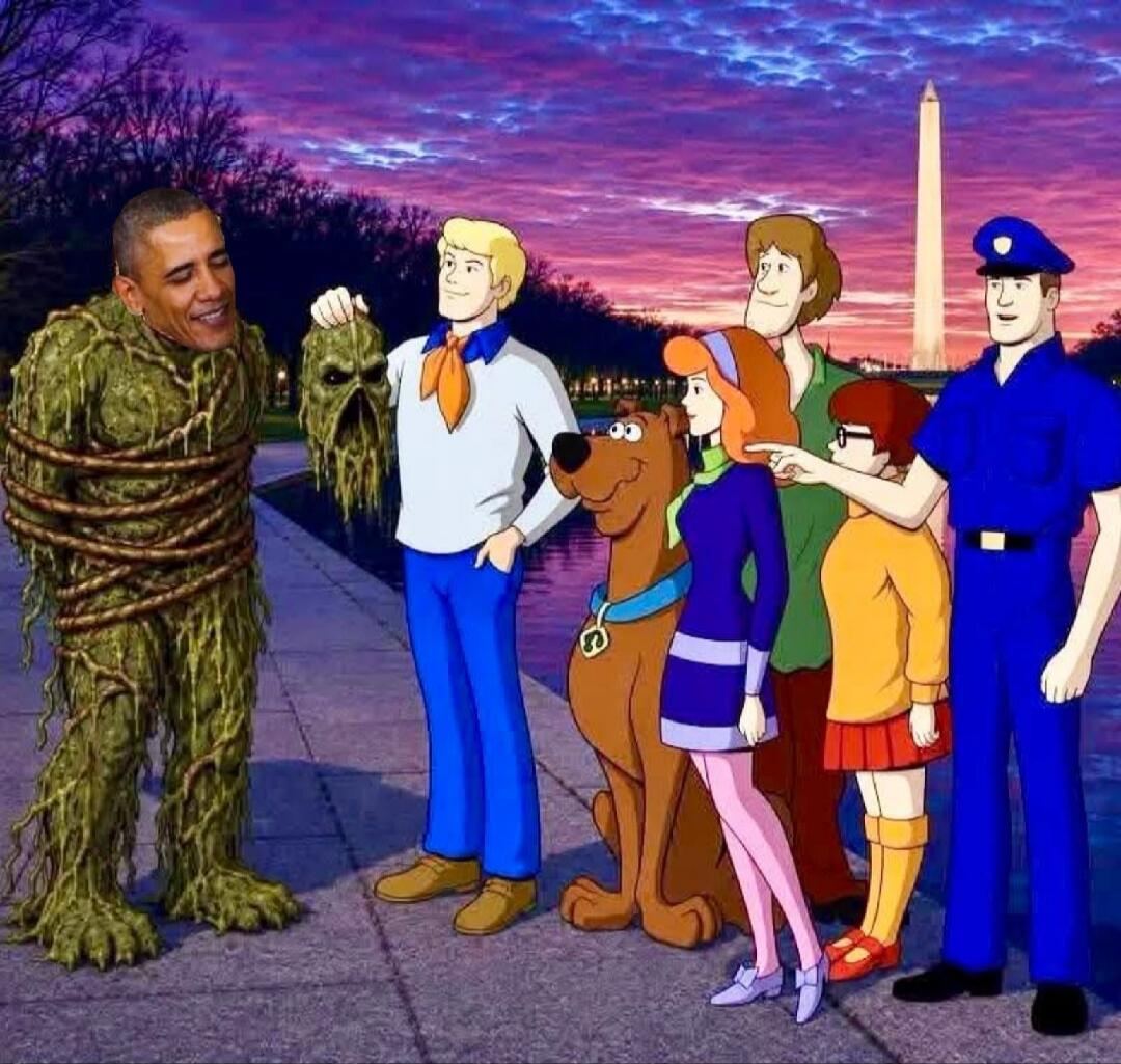 Barack Obama's face is revealed on a monster resembling Swamp Thing, tied up. Fred from Scooby-Doo holds the monster mask. The rest of the Scooby-Doo gang (Daphne, Shaggy, Velma, and Scooby) and a police officer are present. The Washington Monument is in the background.