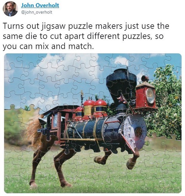 Turns out jigsaw puzzle makers just use the same die to cut apart different puzzles so you can mix and match