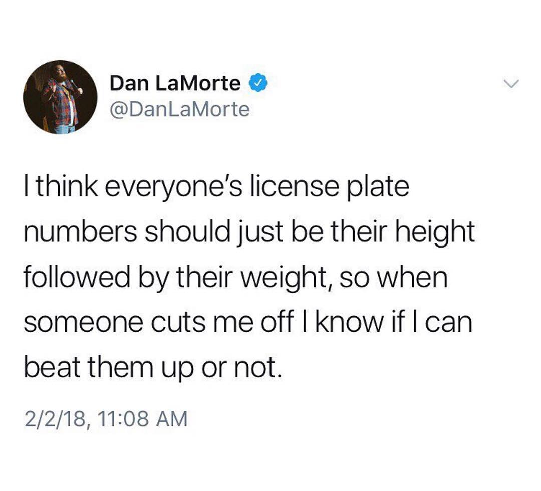 Dan LaMorte DanLaMorte think everyones license plate numbers should just be their height followed by their weight so when someone cuts me off know if can beat them up or not 22181108 AM