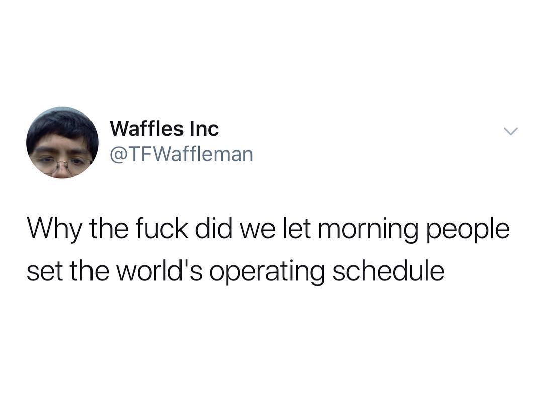 Waffles Inc TFWaffleman Why the fuck did we let morning people set the worlds operating schedule