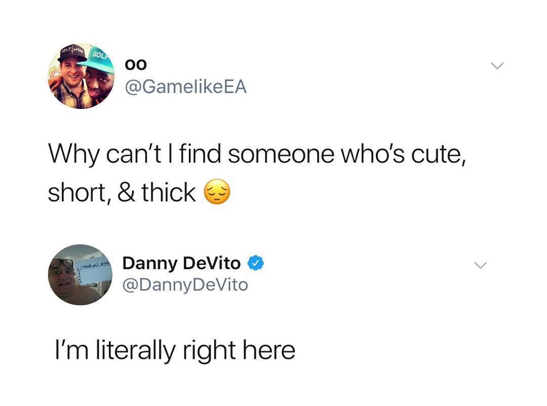 A 00 GamelikeEA Why cant find someone whos cute short thick Danny DeVito DannyDeVito Im literally right here