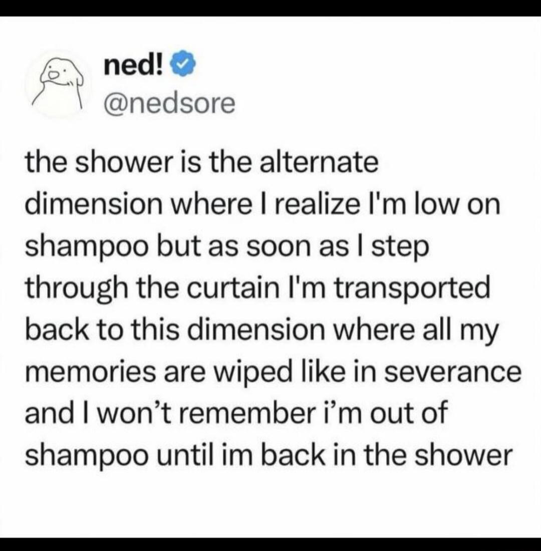 the shower is the alternate dimension where I realize I'm low on shampoo but as soon as I step through the curtain I'm transported back to this dimension where all my memories are wiped like in severance and I won't remember i'm out of shampoo until im back in the shower