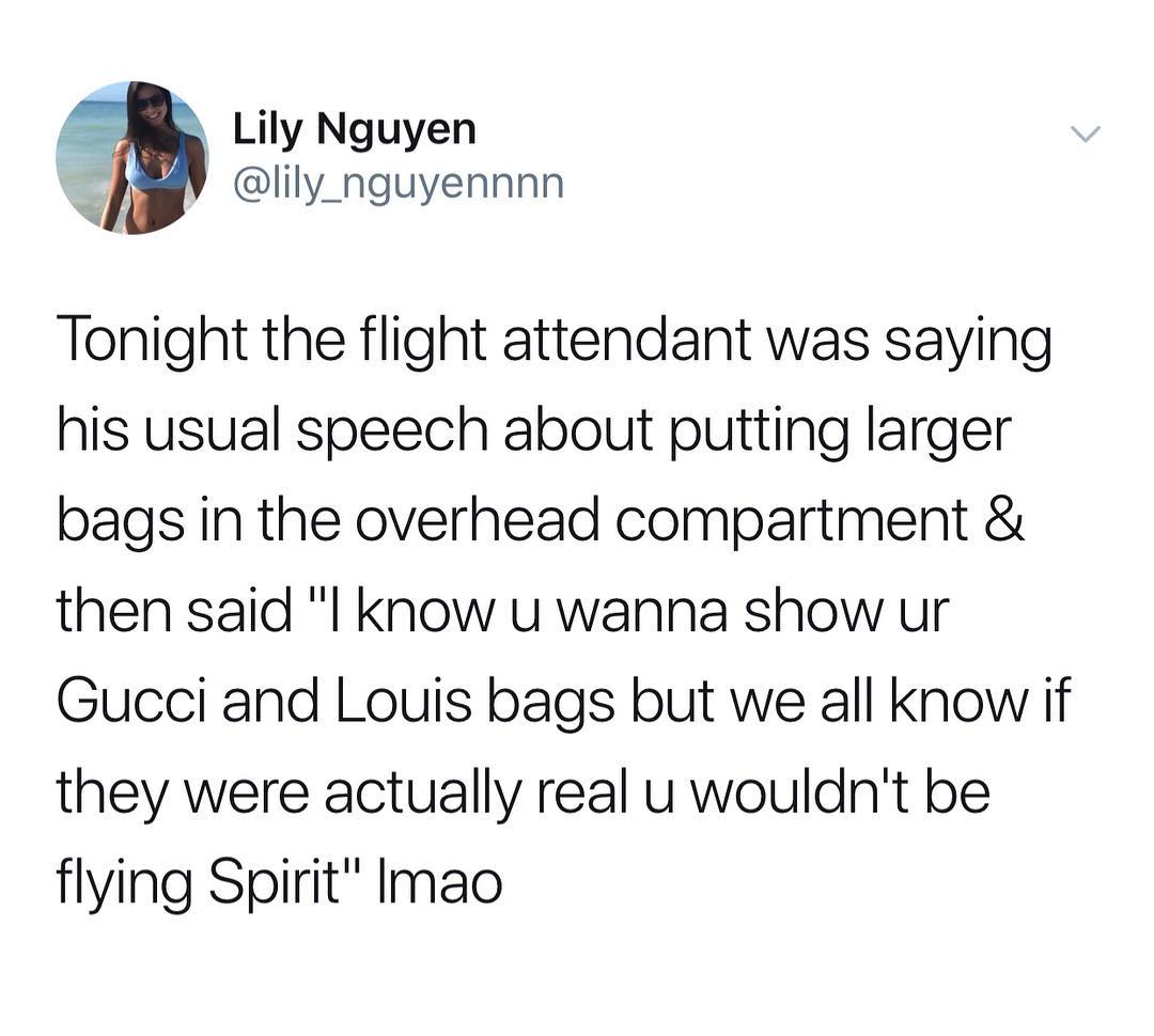 Lily Nguyen lily_nguyennnn Tonight the flight attendant was saying his usual speech about putting larger bags in the overhead compartment then said l know u wanna show ur Gucci and Louis bags but we all know if they were actually real u wouldnt be flying Spirit Imao