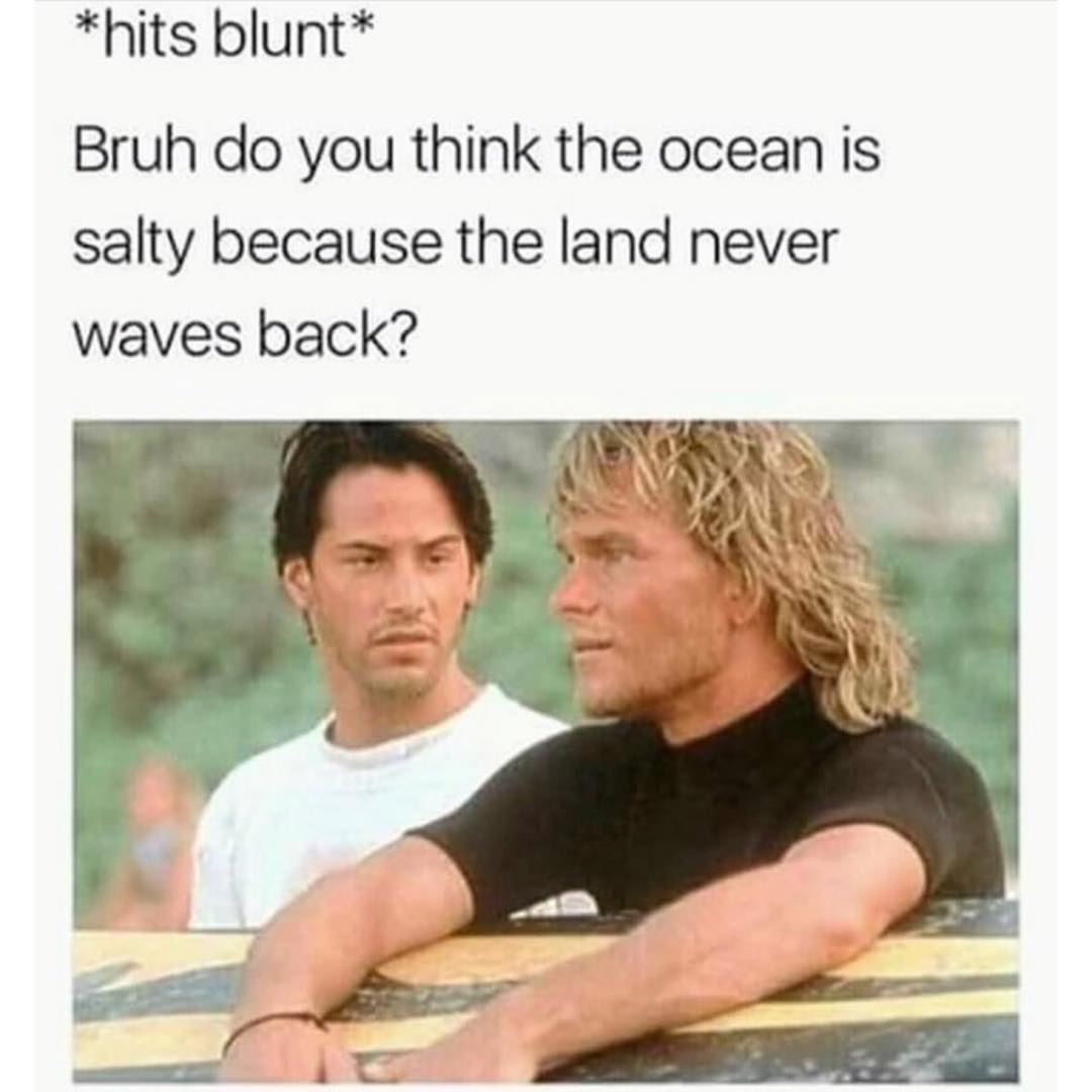 hits blunt Bruh do you think the ocean is salty because the land never waves back