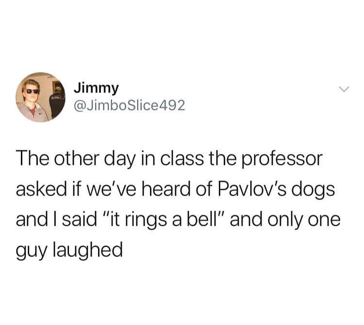 Jimmy JimboSlice492 The other day in class the professor asked if weve heard of Pavlovs dogs and said it rings a bell and only one guy laughed