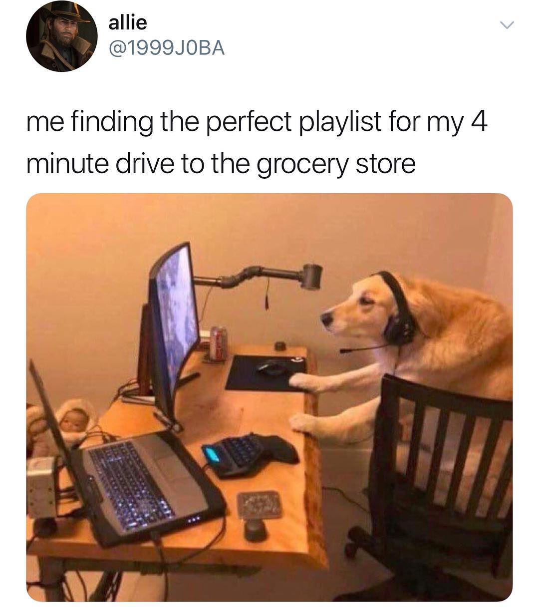 allie 1999J0BA me finding the perfect playlist for my 4 minute drive to the grocery store