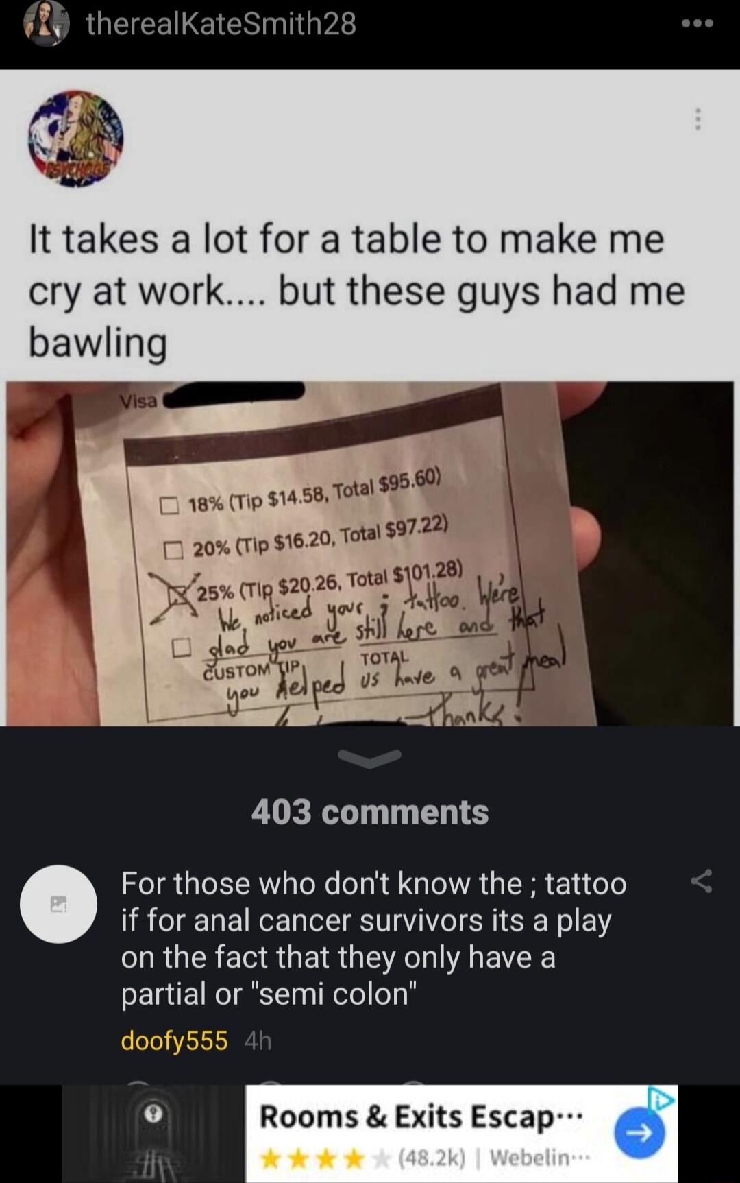 It takes a lot for a table to make me cry at work but these guys had me bawling ysx Tip 20726 Totl o il 1 t S 403 comments For those who dont know the tattoo if for anal cancer survivors its a play on the fact that they only have a partial or semi colon