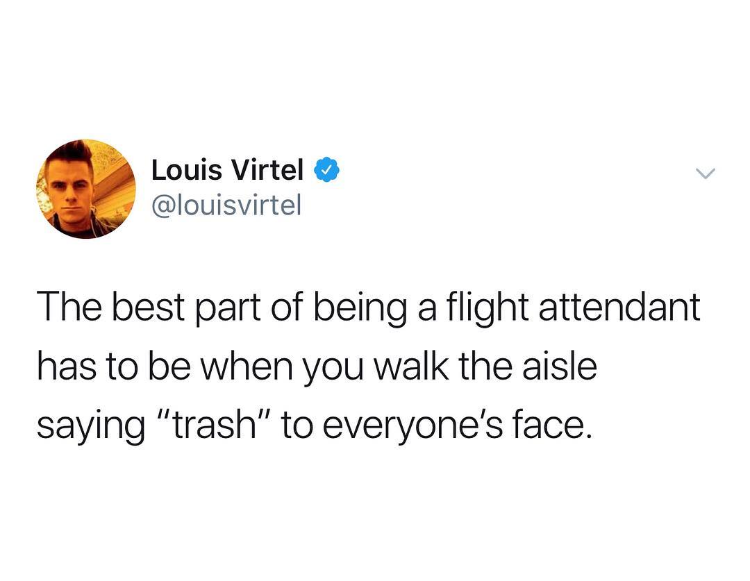 Louis Virtel louisvirtel The best part of being a flight attendant has to be when you walk the aisle saying trash to everyones face
