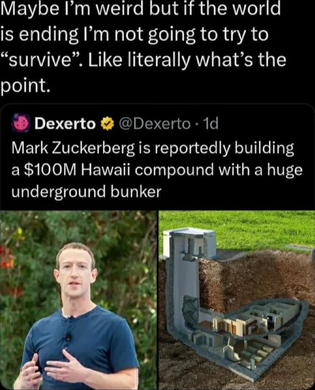 Maybe Im weird but if the world is ending Im not going to try to survive Like literally whats the point Dexerto Dexerto 1d Mark Zuckerberg is reportedly building a 100M Hawaii compound with a huge underground bunker L G i b