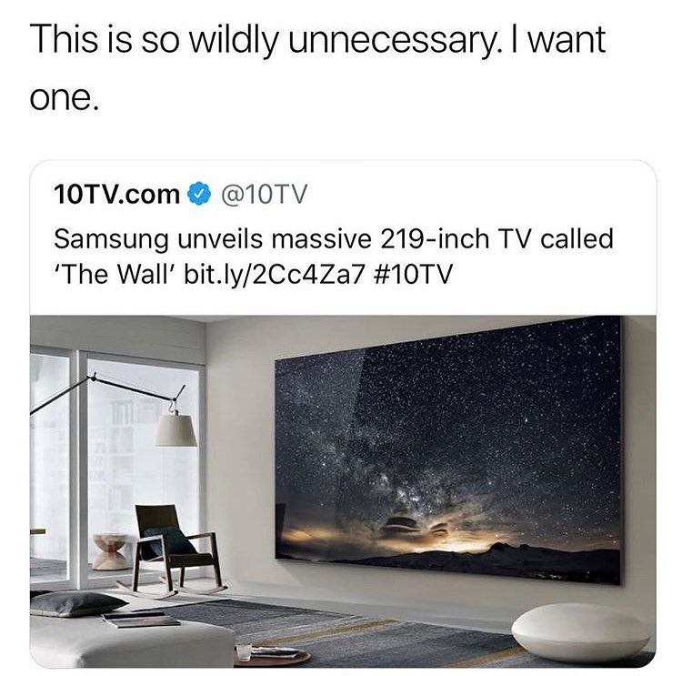 This is so wildly unnecessary want one 10TVcom 10TV Samsung unveils massive 219 inch TV called The Wall bitly2Cc4Za7 10TV