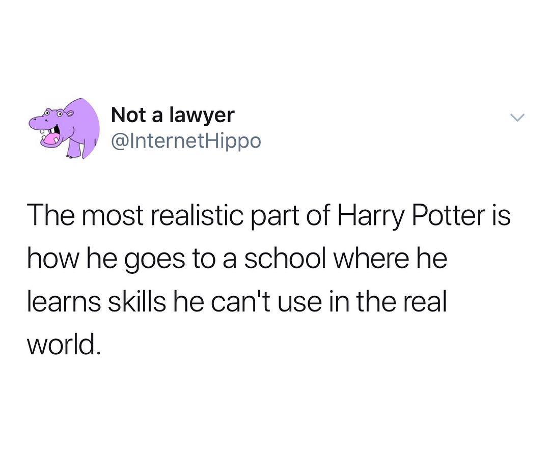 Not a lawyer InternetHippo The most realistic part of Harry Potter is how he goes to a school where he learns skills he cant use in the real world