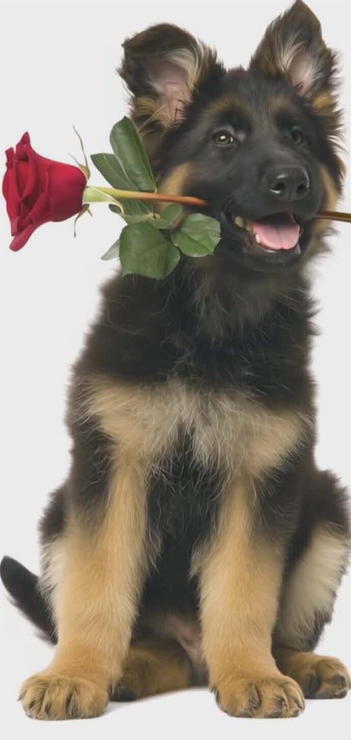 A German Shepherd puppy with a red rose in its mouth.