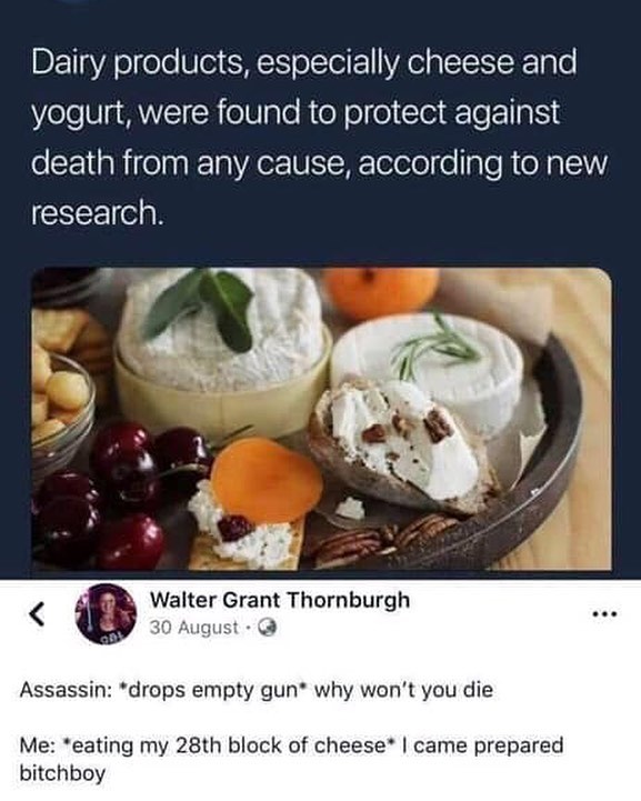 Dairy products especially cheese and Vel UgANTEICR elUple R ieNol o I e fo 1 aRielaql gAer VK IK Telolol o aTo R oN a2 research Walter Grant Thornburgh Assassin drops empty gun why wont you die Me eating my 28th block of cheese came prepared bitchboy