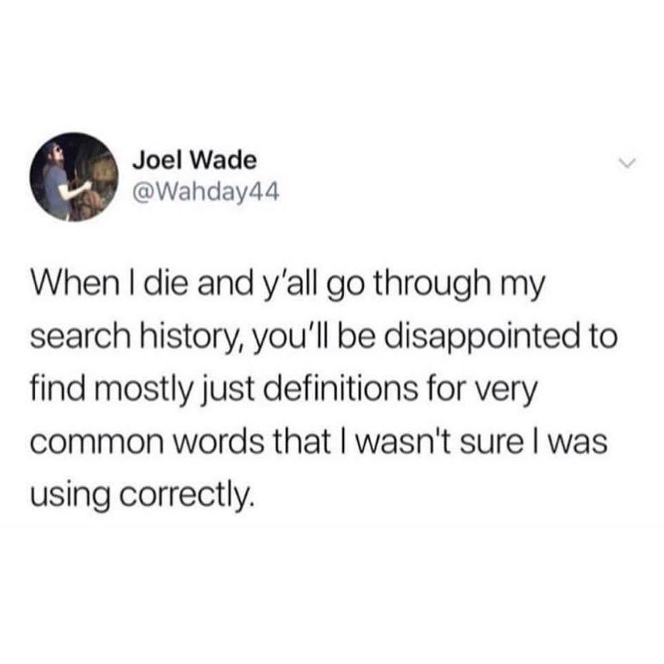 Joel Wade Wahday44 When die and yall go through my search history youll be disappointed to find mostly just definitions for very common words that wasnt sure was using correctly