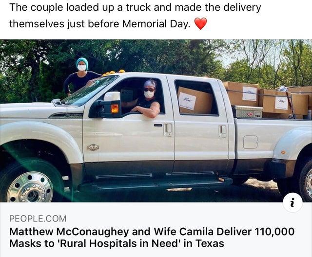 The couple loaded up a truck and made the delivery themselves just before Memorial Day Matthew McConaughey and Wife Camila Deliver 110000 Masks to Rural Hospitals in Need in Texas