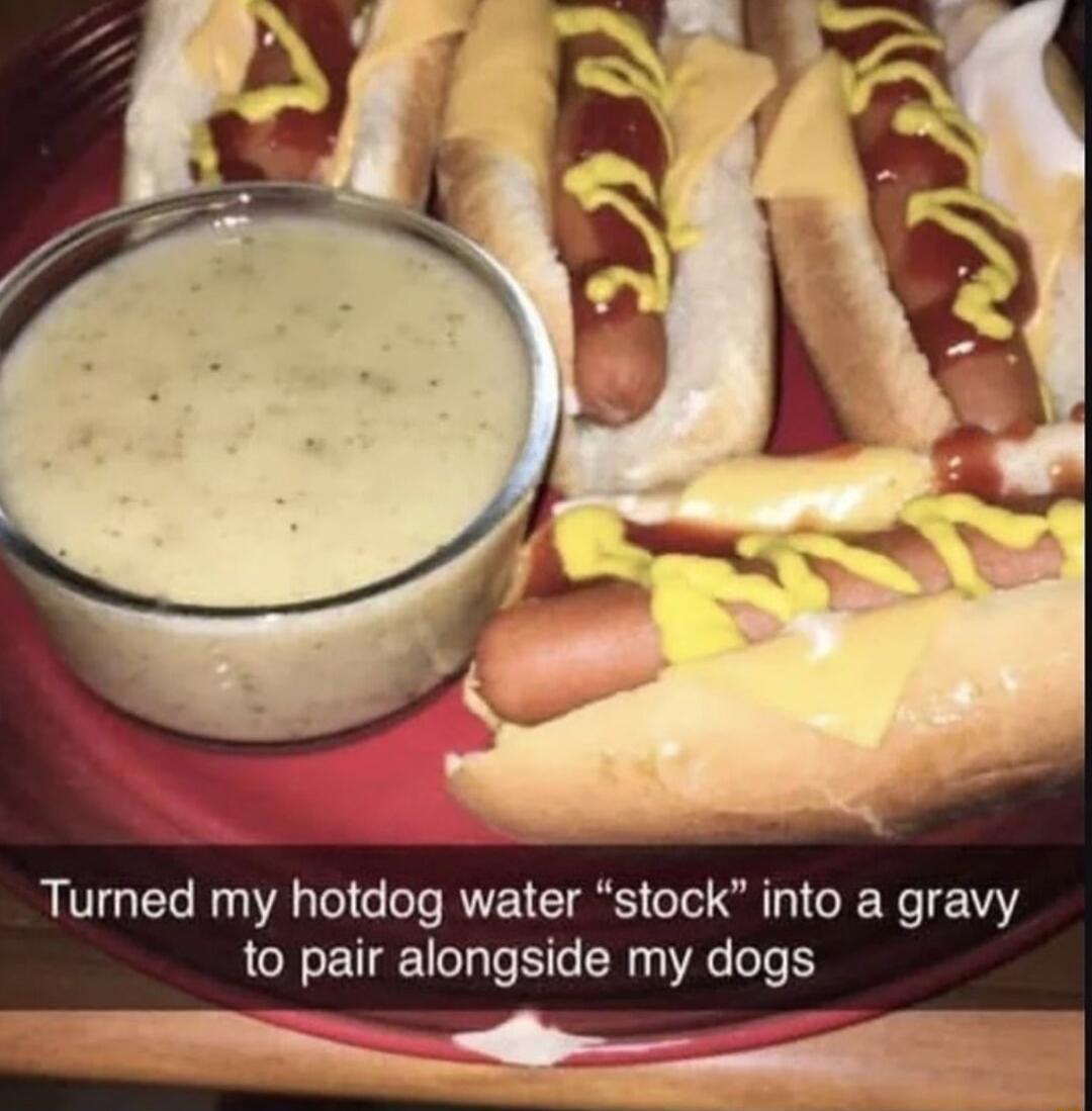 Turned my hotdog water stock into a gravy to pair alongside my dogs